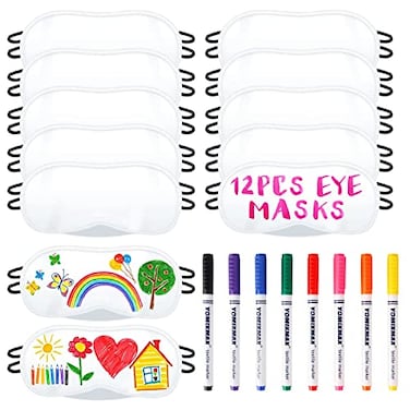 IAXSEE 12 PCS Eye Mask Sleepover Party Supplies Sleep White Soft Shade Blindfold Eye Covering Color the Bulk Game Stuff with 8 PCS Fabric Marker Pens