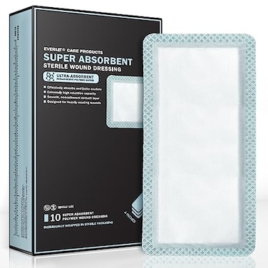 EVERLIT Super Absorbent Dressing for Wound Care Nonstick Soft Surgical Gauze Pad for Heavily Exuding Wounds Large Sterile NonAdhesive Bandage for Fast Healing Wound Care Pack of 10 4 x 8