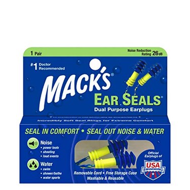 Mack's Macks Ear Seals Earplugs 1 Pair with Detachable Cord 26db High NRR Dual Purpose Comfortable Ear Plugs for Noise Reduction and Blocking Water