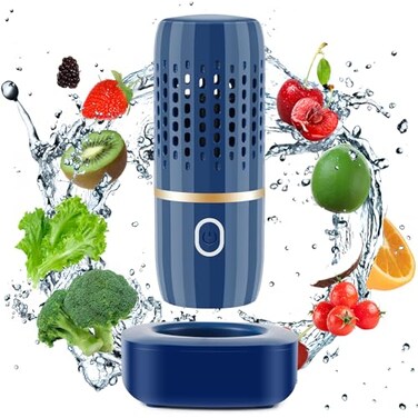 جهاز تنظيف الغسالة Cudinham Fruit and Vegetable Purifier Cleaner، على شكل كبسولة، بتقنية تنقية OHion لتنظيف الحبوب والأرز واللحوم والمأكولات البحرية، باللون الأزرق.