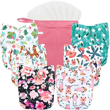 wegreeco Cloth Diapers 6 Pack with 6 Inserts 1 Wet Bag Washable Cloth Diapers for Babies One Size Adjustable Reusable Flower
