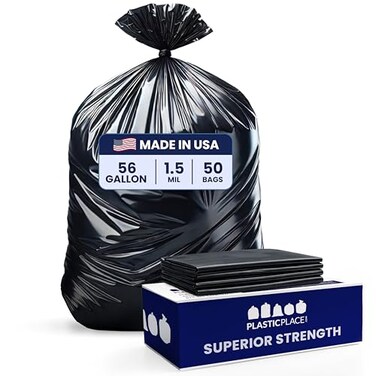 Plasticplace 56 gallon Trash Bags 15 Mil Black Garbage Can Liners Fits Glutton Garbage Can 43 x 46 50 Count