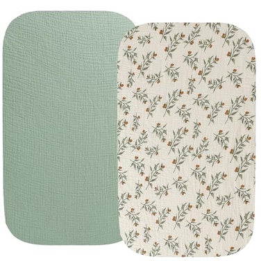 Fadacudan Muslin Bassinet Sheet Compatible with Baby Delight Beside Me Dreamer Bassinet 2 Pack Cotton Stylish Boho Fitted Bassinet Sheets Super Soft for Baby Roman Green Botanical Leaf
