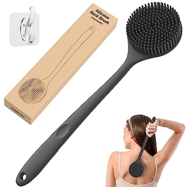Manmihealth Silicone Back Scrubber for ShowerThick Bristles Body Scrubber with 15 Long Handle Light EasytoHold Shower Brush for Skin Exfoliating and Massaging Not Good in LatheringBlack