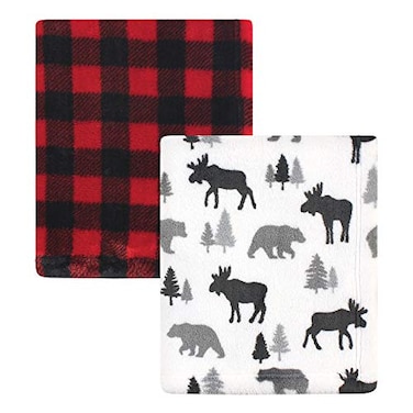 Hudson Baby Unisex Baby Cozy Plush Luxury Blankets 2pk Moose Buffalo Plaid One Size