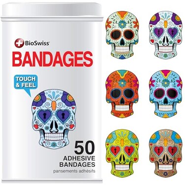 BioSwiss Bandages Skulls Shaped Self Adhesive Bandage Set Latex Free Sterile Wound Care 50 Count