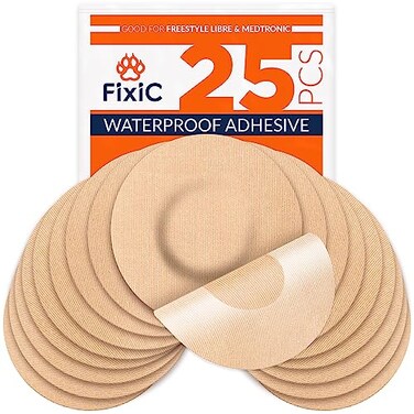 Fixic Freestyle Adhesive Patch 25 PCS Good for Libre 1 2 3 Plus Enlite Guardian NO Glue in The Center of The Patch PreCut Back Paper Long Fixation for Your Sensor Tan