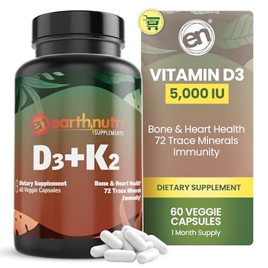 EarthNutri Vitamin D3 Plus K2 Vitamin Supplement 5000 IU Includes K2 from MENA Q7 D3 from Vitashine Calcium from Aquamin 72 Trace Minerals for Immune Bone Heart Health NonGMO