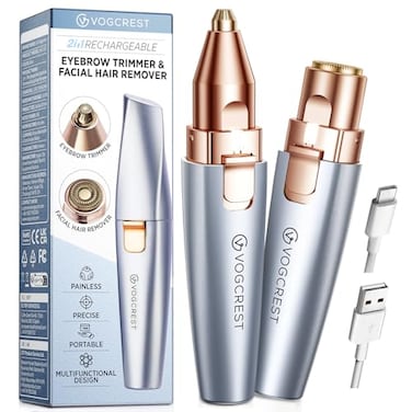 أداة تشذيب الحواجب والوجه VG VOGCREST 2 في 1 قابلة لإعادة الشحن، ماكينة حلاقة شعر الوجه والحواجب بدون ألم، ضوء LED أزرق سماوي