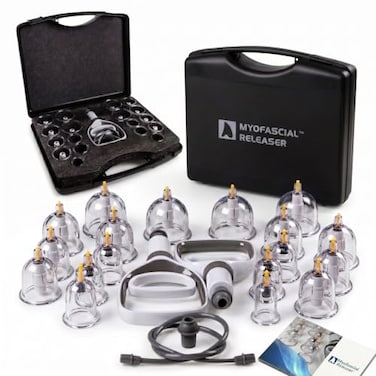 Myofascial Releaser Professional Cupping Therapy Set 18 MultiSized Vacuum Cups with Two Hand Pumps and Detailed Cupping Book Massage Cupping Set for Massage Therapists