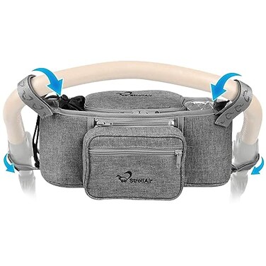 StrollAir Universal Stroller Organizer with Insulated Cup Holder Stroller Caddy Compatible with Cosmos Solo Nuna Baby Jogger Bumbleride Uppababy Parent Drink Holder Stroller Accessories Grey