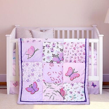 Tudomro 3 Pieces Butterfly Nursery Crib Bedding Set for Girls Standard Size Bedding Sets with Comforter Fitted Sheet Crib SkirtPurple