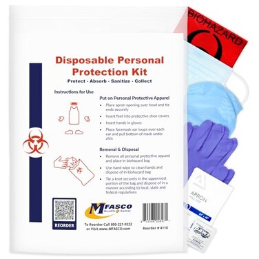 MFASCO Disposable PPE Kit with Apron Visor Complete Protection Mask Visor Apron Gloves Shoe Covers USA Assembled Vomit Blood Urine Feces Protection