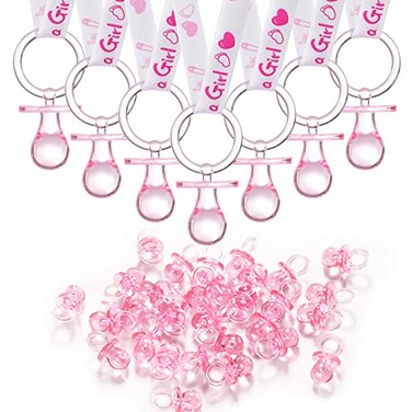 ZYFLSQ 24 Baby Shower Pacifiers Necklace for Girl 30 Mini Acrylic Pacifiers Charm Party Favors Decorations Pink