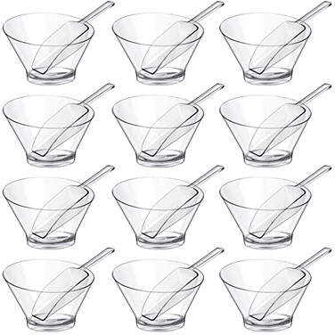Sawysine 24 Pcs Plastic Clear Serving Bowls with Kitchen Plastic Scoops Salad Serving Bowls Popcorn Scoops Angled Candy Container for Salad Cooking Parties 210 ml