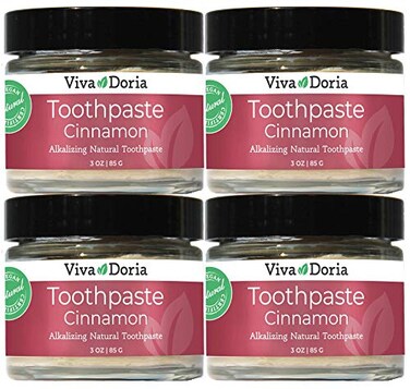 Viva Doria Pack of 4 Natural Toothpaste Fluoride Free Tooth Paste Cinnamon Refreshes Mouth Freshens Breath Keeps Teeth and Gum Healthy Cinnamon Flavor 3 oz Glass jar