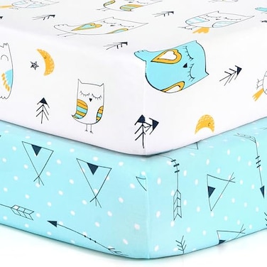 BROLEX Pack n Play Sheets 2 Pack Mini Crib SheetsStretchy Portable Fitted Playard Sheet Set Convertible Playard Mattress CoverUltra Soft Breathable MaterialArrow Owl