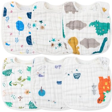 Zainpe 6Pcs Snap Muslin Cotton Baby Bibs Dinosaur Star Bear Pattern Bib Adjustable Burp Cloths with 6 Absorbent Soft Layers for Infants Newborns Toddlers Drooling Feeding Teething