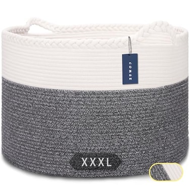 COMSE Extra Large Blanket Basket Woven Laundry Basket 217x 138 Nursery Hamper Cotton Rope Laundry Hamper Living Room for Storage Toys Clothes Towels White Black