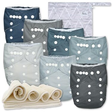 Nora's Nursery Noras Nursery Cloth Diapers 7 Pack with 7 Inserts 1 Wet Bag Waterproof Cover Washable Reusable One Size Adjustable Pocket Diapers for Newborns and Toddlers Out to Sea