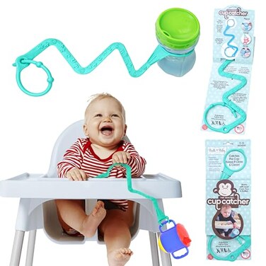 Brilli Baby Cup Catcher Patented Safety Tether Strap Attach Sippy Cups Bottles Pacifiers More to Stroller High Chair Car Seat Made in USA Food Grade Dishwasher Safe Aqua