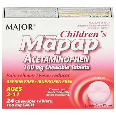 MAJOR Childrens Mapap Acetaminophen 160 mg Chewable Tablets Pain RelieverFever Reducer Aspirin Free Ibuprofen Free for Ages 2 to 1124 Count 1 Pack