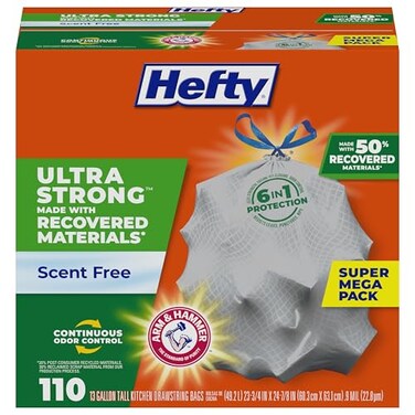 Hefty Ultra Strong Made with 50 Recovered Materials Tall Kitchen Trash Bags Gray Unscented 13 Gallon 110 Count