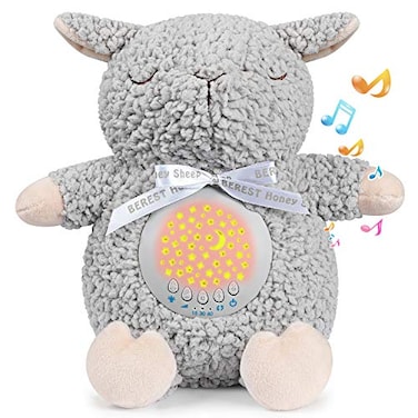 BEREST Baby Sleep Soother with Projector Night Light AutoOff Timer Musical Sheep Plush Toy with White Noise Heartbeat Shushing Lullabies for Newborns Infants Shower Gift