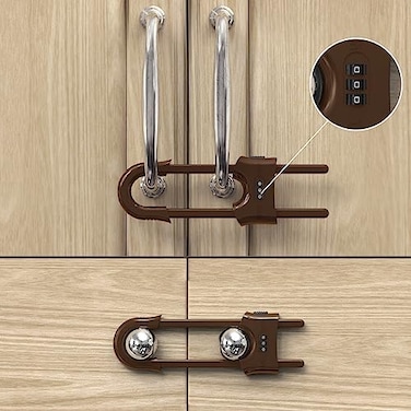 Jola's House 4 Pack Child Proof Sliding Cabinet Door Code Locks Baby Safety Cupboard Locks Adjustable U Shaped Cabinet Latches for Knob Handle Drawers Closet 4 PCS Coffee