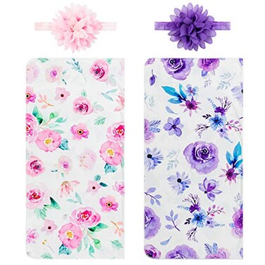 R HORSE 2 Pack Newborn Baby Swaddle Blankets Headband Sets