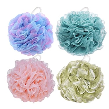 BTYMS Large Loofah Sponge Shower Scrunchies Puff 75gpc Mesh Pouf Bath Loofa Body Sponges Scrubber for Bathing Pack of 4