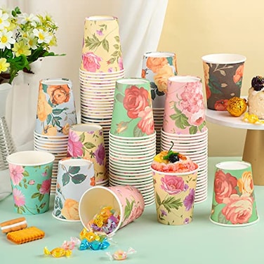 Patelai 150 Pack Vintage Floral Paper Tea Cups 9 oz Disposable Paper Cups for Tea Party Wedding Bridal Baby Shower Garden Spring Party 6 Designs 25 Each