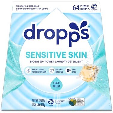 Dropps Sensitive Skin Laundry Detergent Pods Crisp Breeze 64 Count Hypoallergenic Dye Free Laundry Pods for Sensitive Skin Clean Ingredients Plastic Free Packaging