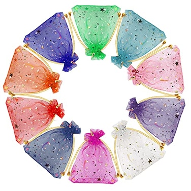 SUMAJU 100 Pieces Moon Star Organza Jewelry Candy Bags 27x35 Inch