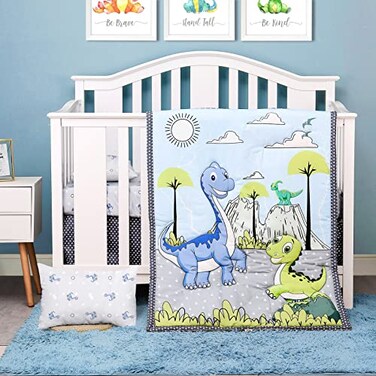 JISEN 3 Piece Crib Bedding Set Crib Quilt Crib Sheet Pillowcase Soft Microfiber Printed Nursery Set for Baby Boys or Girls Dinosaurs
