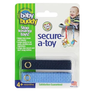 حزام أمان Baby Buddy SecureAToy لتثبيت الألعاب أو عضاضات الأسنان أو اللهايات على عربات الأطفال أو كراسي الطعام أو مقاعد السيارة. طول قابل للتعديل للحفاظ على نظافة الألعاب. من أساسيات قائمة هدايا الأطفال. أزرق/كحلي، قطعتان.
