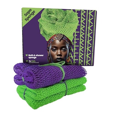 AFRIKI African Net Sponge Premium Authentic Exfoliating Body Scrubber Extra Long Stretch Bath Sponge for Shower Deep Exfoliating Washcloth for Smooth Skin 2 Pack Purple Green