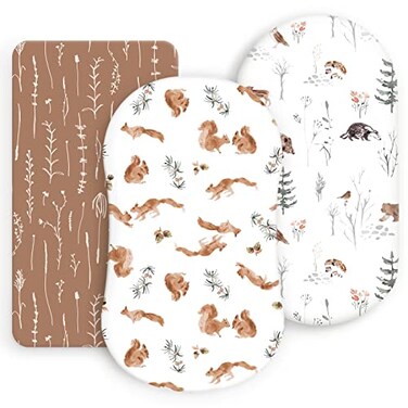 GRSSDER Stretchy Ultra Soft Fitted Bassinet Sheet Set 3 Pack Universal Fit for Bassinets Baby Cradle Moses Basket Oval Rectangle Mattress Safe and Snug Cute Jungle Squirrels and Animals