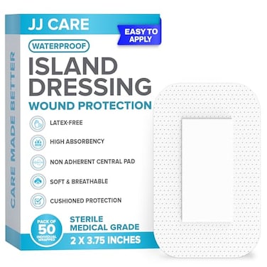 ضمادات لاصقة مقاومة للماء من JJ CARE، عبوة من 50 ضمادة، 2 × 375، ضمادات شاش معقمة ذات حواف قابلة للتهوية، ضمادات لاصقة ملفوفة بشكل فردي مع وسادة مركزية غير لاصقة.