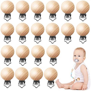 Greneric 24 Pieces Natural Beech Wood Pacifier Clips Teething Grasping Toy Suspender Clips Charm DIY Pacifier Clips Holder Accessories