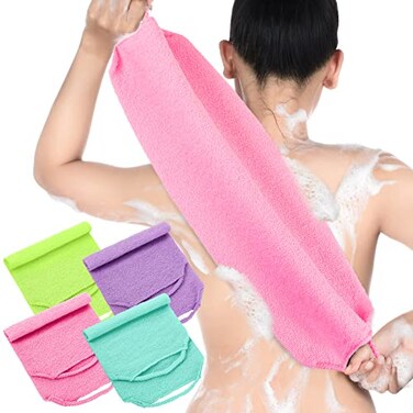 Moukeren Exfoliating Back Scrubber with Handles 4 Pack Nylon Back Exfoliator Extended Length Washers Scrubbers Stretchable Pull Strap Exfoliating WashclothPinkBlueFluorescent GreenPurple