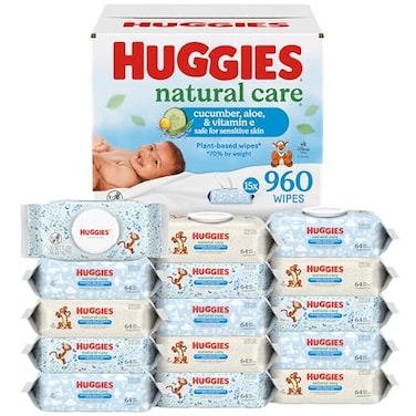 Huggies Natural Care Cucumber Aloe and Vitamin E Baby Wipes Hypoallergenic Scented 15 FlipTop Packs 960 Wipes Total Packaging May Vary