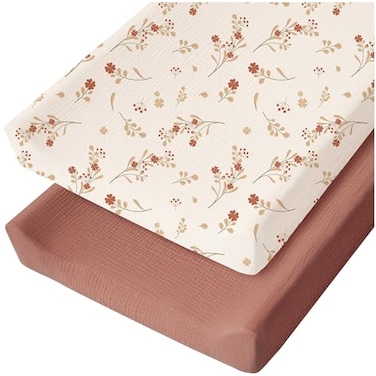 Konssy Muslin Changing Pad Cover for Baby Girls Boys 100 Cotton Fitted Diaper Chang Table Covers Soft Breathable Changing Pad Sheets 2 Pack Chestnut Posy