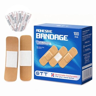 GTT 100 Count Adhesive Bandages Assorted Sizes Durable Waterproof Extra Strong Adhesion Soft Comfortable for Wounds and Scrapes Ideal for First Aid Kits Everyday Use