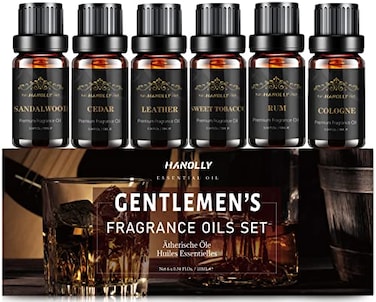 Hanolly Essential Oils Set Men Scents Fragrance Oil Aromatherapy Essential Oils Kit for Diffuser 6x10ml Sandalwood Cedar Leather Sweet Tobacco Rum Cologne Aromatherapy Oil Gift for Men