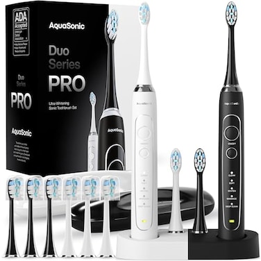 مجموعة فرشاة أسنان كهربائية Aquasonic Duo Series PRO UltraWhitening، 5 أوضاع، مؤقتات ذكية، حقائب سفر فاخرة، 10 رؤوس فرشاة Proflex، معتمدة من جمعية طب الأسنان الأمريكية (ADA).
