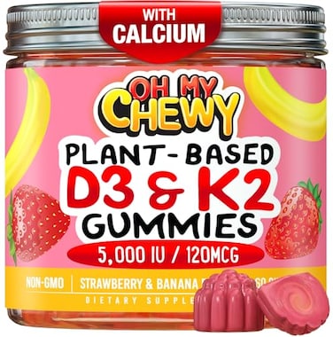 OH MY CHEWY DoubleFlavored Vitamin D3 K2 Calcium Fluffy Gummies Supplement for Healthy Teeth Bone Energy 5000 IU D3 120 mcg K2MK7 120 mg CA Vegan NonGMO 60 Count