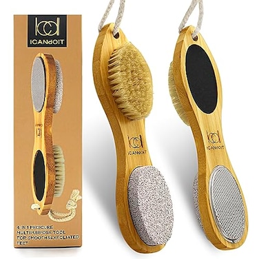 ICANdOIT ICDI Natural Bamboo Foot File Callus RemoverMulti Purpose 4 in 1 Feet Pedicure Kit with Foot Care Boar Bristle BrushPumice StoneFoot RaspSand Paper