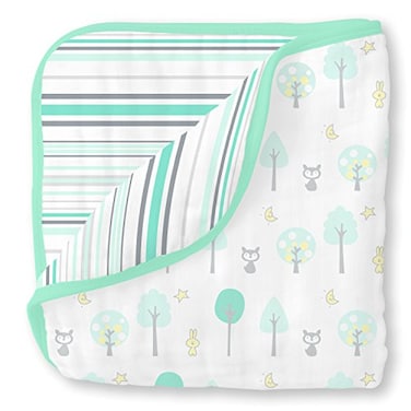 بطانية SwaddleDesigns الفاخرة من القطن الموسلين، 4 طبقات، للأطفال الرضع والصغار، مثالية للراحة والاسترخاء، مقاس 46 × 46 بوصة، بنقشة الغابة الخضراء والخطوط.