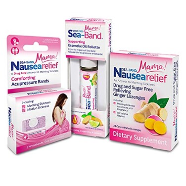 مجموعة Sea-Band للأمومة، تتضمن أساور لعلاج غثيان الصباح، وأقراص استحلاب، وشرائط لاصقة.
